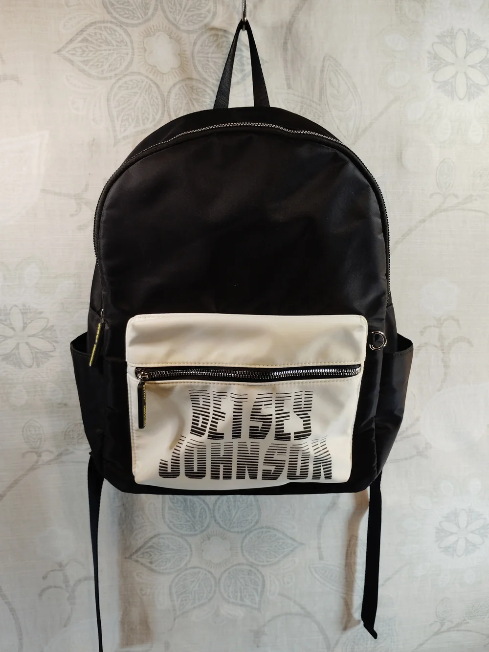 Betsey Johnson Black and Cream Logo Front Pocket Backpack